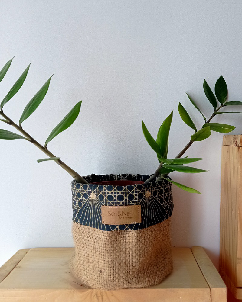 Cache-pot FLORA Ø13cm Toile de Jute / Cannage ardoise