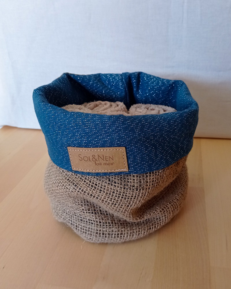Panier de rangement CELESTE Toile de Jute / Coton lurex bleu